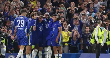 Chelsea stars celebrating after scoring during a Champions League match. Photo: Getty Images.