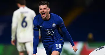 Mason Mount of Chelsea celebrates after scoring his team's second goal during the UEFA Champions League Semi Final Second Leg match between Chelsea and Real Madrid (Photo by Darren Walsh/Chelsea FC via Getty Images)
