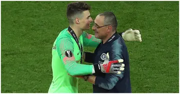 Maurizio Sarri and goalkeeper Kepa Arrizabalaga celebrate winning the Europa League during the UEFA Europa League final at The Olympic Stadium, Baku, Azerbaijan. Photo by Steven Paston.