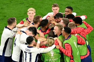 England players celebrate Ollie Watkins' winner against Netherlands in the Euro 2024 semi-finals