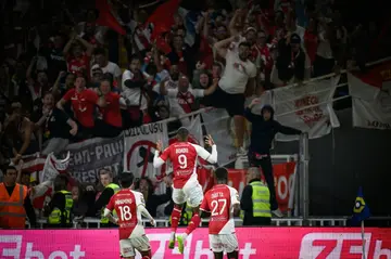 Myron Boadu (9) celebrates after scoring Monaco's equaliser in a 3-3 draw at Nantes