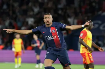 Kylian Mbappe celebrates his goal for Paris Saint-Germain against Lens