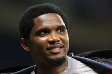 Samuel Eto'o comments for Amazon Prime following the UEFA Champions League semi-final first leg match between AC Milan and FC Internazionale at San Siro in Milan