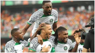 Nigeria players celebrate victory over Ivory Coast in their second group game at the 2023 Africa Cup of Nations. Photo: @CAF_Online.