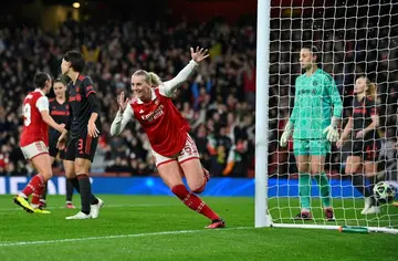 Stina Blackstenius (centre) scored the decisive goal as Arsenal progressed to the semi-finals of the Women's Champions League
