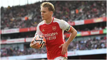 Martin Odegaard in action during the Premier League match between Arsenal FC and Tottenham Hotspur at Emirates Stadium. Photo by David Price.