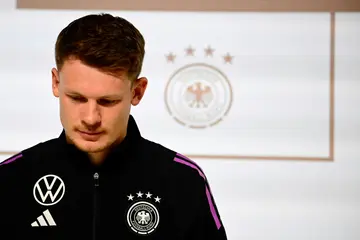 Goalkeeper Alexander Nuebel attending a press conference during a training camp for the German national football team ahead of Euro 2024 on May 29, 2024