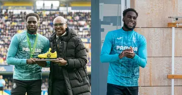 Boulaye Dia receiving a present from Villareal after AFCON success. Credit: @VillarrealCFen
