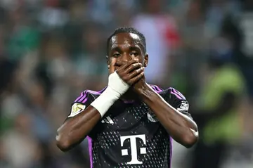 Mathys Tel reacts after scoring Bayern's final goal