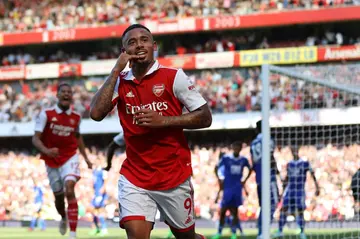 Double delight - Arsenal striker Gabriel Jesus celebrates scoring his and the club's second goal in a 4-2 win at home to Leicester