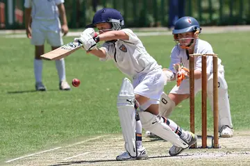 Two kids playing cricket.