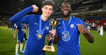 Kai Havertz and Romelu Lukaku of Chelsea celebrate with the FIFA Club World Cup trophy. (Photo by Darren Walsh/Chelsea FC via Getty Images)