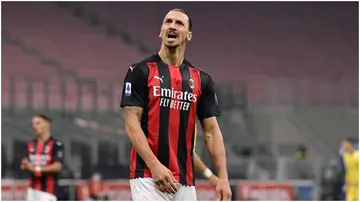 Zlatan Ibrahimovic looks dejected after missing his penalty during the Italian Serie A match between AC Milan and Hellas Verona. Photo by Mattia Ozbot.