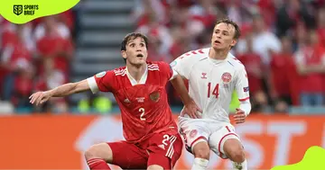 Russia's Mario Fernandes (l) fights for the ball.