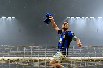 Argentine forward Lautaro Martinez celebrates Inter Milan's 20th Serie A title