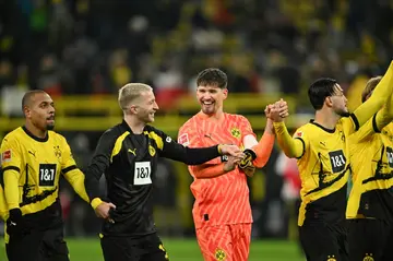 Dortmund's players celebrate after the win over Gladbach