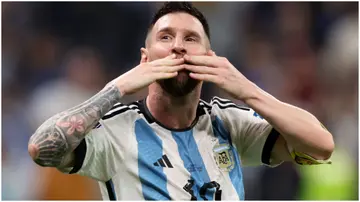 Lionel Messi celebrates during the FIFA World Cup Qatar 2022 semi-final match between Argentina and Croatia. Photo by Clive Brunskill.