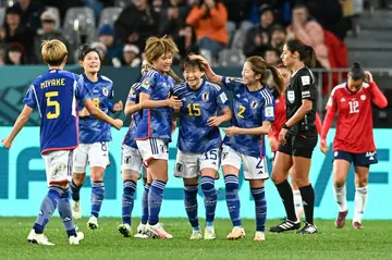 Japan's midfielder Aoba Fujino (C) celebrates scoring against Costa Rica at the Women's World Cup in Dunedin on Wednesday