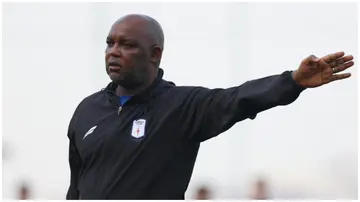 Abha FC coach, Pitso Mosimane, gestures in a previous Saudi Pro League match. Photo: Abha Club.