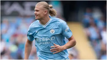 Erling Haaland in action during the Premier League match between Manchester City and Fulham FC at Etihad Stadium. Photo by Joe Prior.