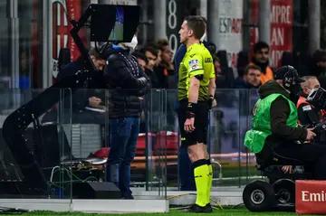 The Video Assistant Referee (VAR) screen in use during a Serie A match in the San Siro stadium in Milan.