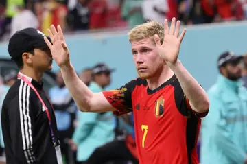Belgium midfielder Kevin De Bruyne waves to the fans after the Qatar 2022 World Cup Group F football match between Belgium and Canada