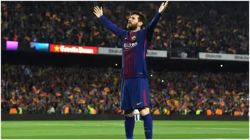 Lionel Messi celebrates after scoring during the La Liga match between Barcelona and Real Madrid at Camp Nou in 2018. Photo by David Ramos.