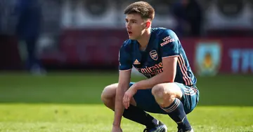 Kieran Tierney reacts at full time during the Premier League match between Burnley and Arsenal at Turf Moor. Photo by Robbie Jay Barratt.