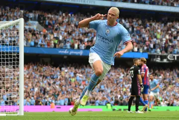 Erling Haaland of Manchester City celebrates his hat trick during the Premier League match between Manchester City and Crystal Palace at Etihad Stadium in Manchester, England