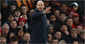 Erik ten Hag shouts instructions to his players during the UEFA Europa League quarter-final match between Manchester United and Sevilla at Old Trafford. Photo by Darren Staples. 