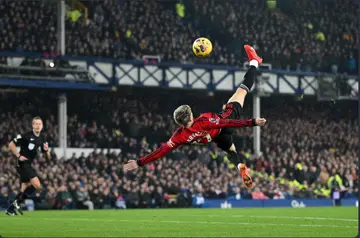 Alejandro Garnacho scores Manchester United's first goal in the Premier League against Everton FC and Manchester United at Goodison Park on November 26, 2023.
