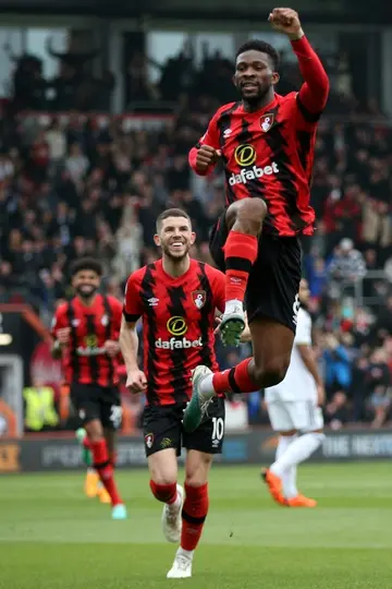 At the double - Bournemouth's midfielder Jefferson Lerma (R) celebrates after the first of his two goals in a 3-1 win over Leeds