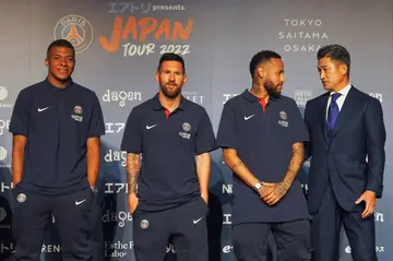 Paris Saint-Germain's (L-R) Kylian Mbappe, Lionel Messi and Neymar attend a press conference with Japanese player Kazuyoshi Miura Sunday