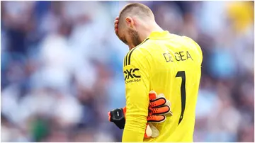 David De Gea looks dejected following the Emirates FA Cup Final between Manchester City and Manchester United at Wembley Stadium. Photo by Clive Rose.