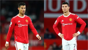 Cristiano Ronaldo cuts a dejected face during Man United's 5-0 defeat to Liverpool at Old Trafford. Photo by Alex Livesey - Danehouse.