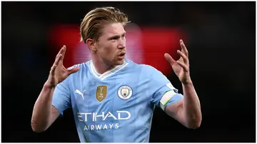 Kevin De Bruyne reacts during the Premier League match between Manchester City and Burnley FC at Etihad Stadium. Photo by Naomi Baker.