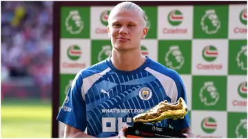 Erling Haaland is presented with the EPL Golden Boot at the Gtech Community Stadium. Photo by Nick Potts.