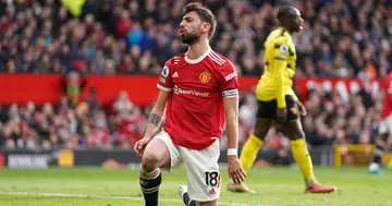 Manchester United's Bruno Fernandes looks dejected during the Premier League match at Old Trafford, Manchester. Picture date: Saturday February 26, 2022. (Photo by Nick Potts/PA Images via Getty Images)