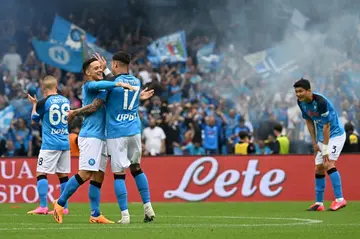 Great start: Napoli's Giacomo Raspadori congratulates goalscorer Mathias Olivera