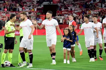 Sevilla players wore a t-shirt supporting Jenni Hermoso in her battle with RFEF chief Luis Rubiales, who kissed her on the mouth during celebrations