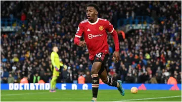 Anthony Elanga celebrates after scoring during the Premier League match between Leeds United and Manchester United at Elland Road. Photo by Shaun Botterill.