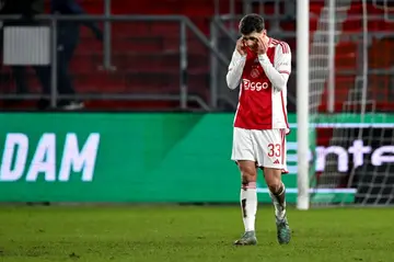 Benjamin Tahirovic cannot believe what is unfolding before him as Ajax slumped to a 3-2 cup defeat at the hands of amateur side Hercules on Thursday