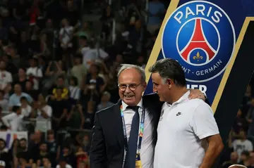 New PSG coach Christophe Galtier (R) alongside football advisor Luis Campos after last weekend's Champions Trophy win over Nantes in Tel-Aviv, Israel