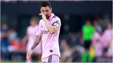 Lionel Messi looks on during the Leagues Cup 2023 match between Inter Miami CF and Atlanta United at DRV PNK Stadium. Photo by Hector Vivas.