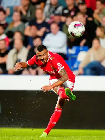 Diogo Goncalves scoring for Benfica at Midtjylland