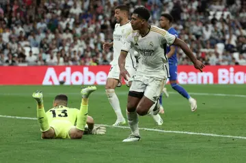 Real Madrid's English midfielder Jude Bellingham celebrates his late winner against Getafe