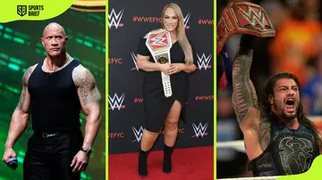 Photos of Dwayne Johnson, Nia Jax, and Roman Reigns during their respective wrestling matches