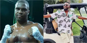 Comedian AY spotted teaching Nigerian-born unbeaten boxing champion how to 'Gbese' after knocking out opponent