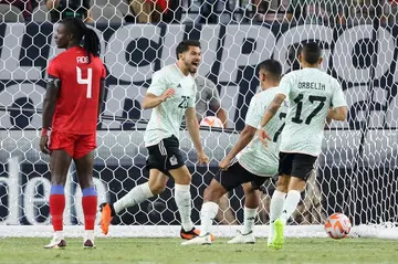 Henry Martín  of Mexico celebrates after scoring the opening goal in a 3-1 win over Haiti in the CONCACAF Gold Cup Group B clash on Thursday