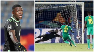 Matasi saving Sadio Mane's penalty in the 2019 AFCON tournament in Egypt. Photos: Khaled Desouki and Independent Uganda. 